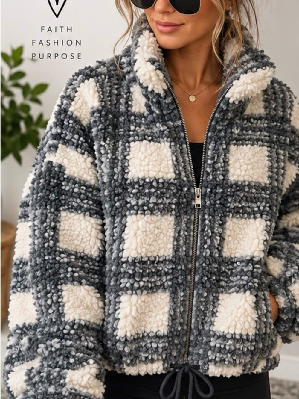 Altar’d State Plaid Teddy Sherpa Jacket Medium Gray Cream Full Zip Cozy